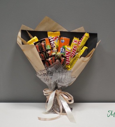 Bouquet of Mars, Nuts, M&M's, and Fanta Candies (made to order, one day) photo 394x433
